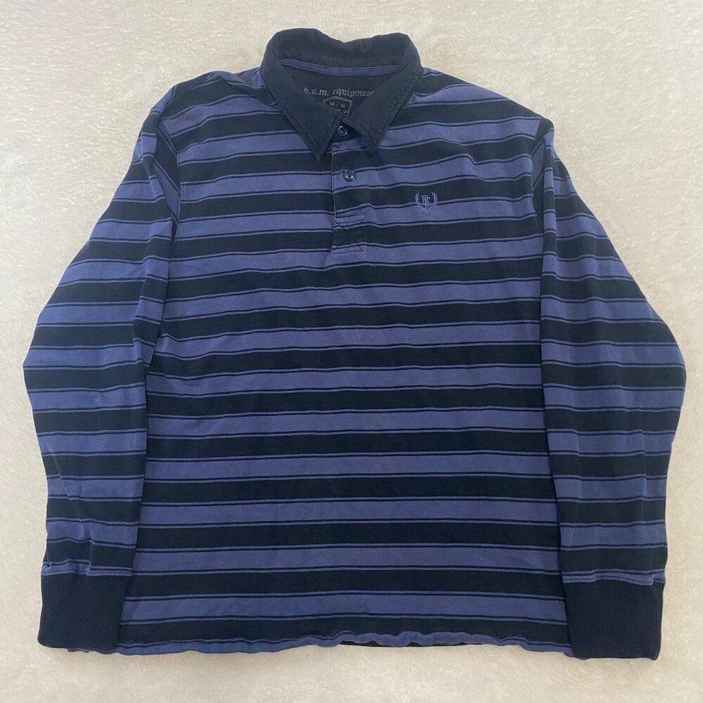 Vintage BUM Equipment Blue Long Sleeve Striped Polo Shirt Button Up Size M Y2K